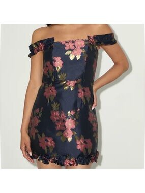 Lulu's Navy Off-Shoulder Floral Jacquard Mini Dress